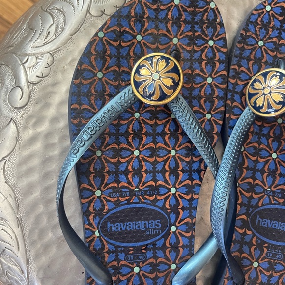 HAVAIANAS Slim navy blue & gold embellished flip flops - Picture 3 of 5